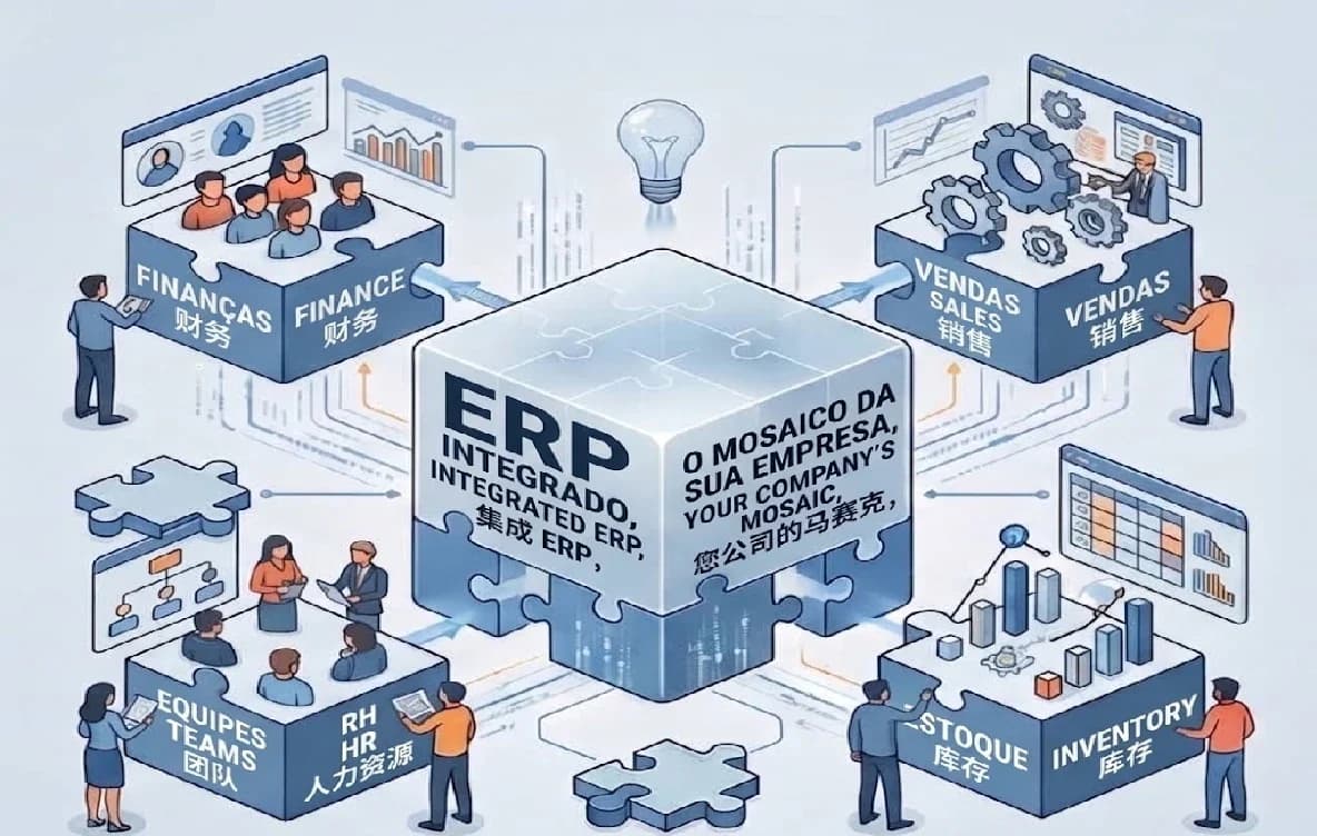 Ilustração: o ERP no centro, encaixado como peça de quebra-cabeça com finanças, vendas, equipes, RH e estoque.
